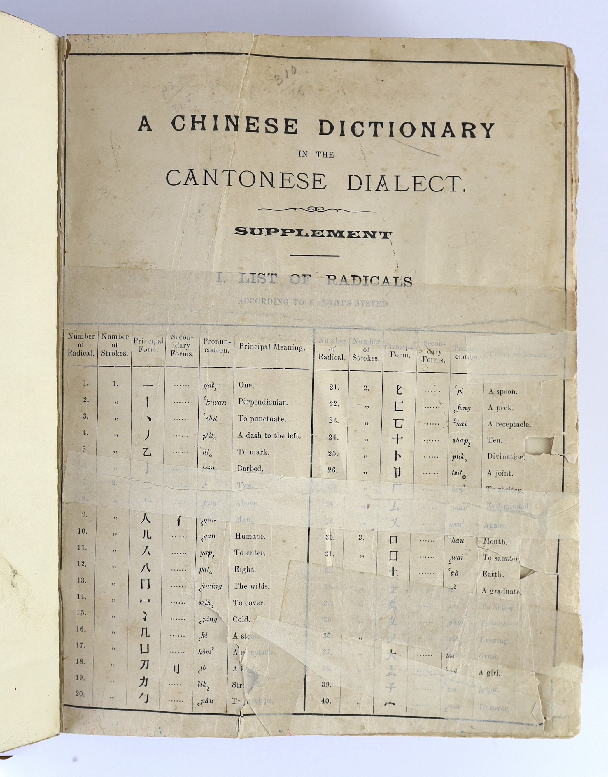 Eitel, Ernest John - A Chinese-English Dictionary in the Cantonese Dialect. (2nd edition), revised and enlarged by Immanuel Gottlieb Genahr ... (2 parts bound together); old half calf and buckram, panelled spine with bla